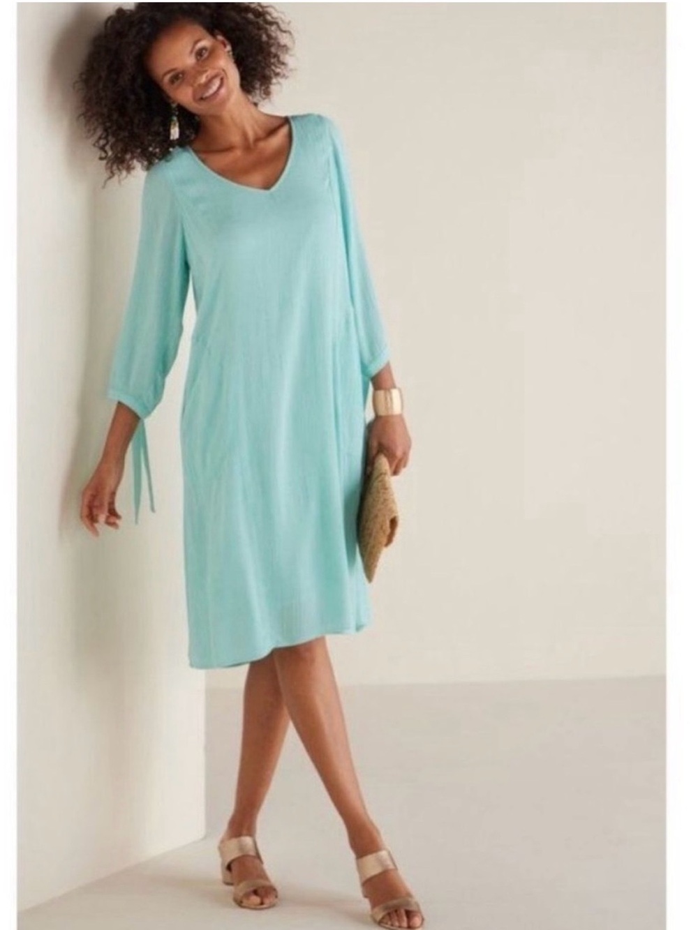 Soft Surroundings Aqua Splash Hera Dress Size Large V-Neck NWT Split Sleeve